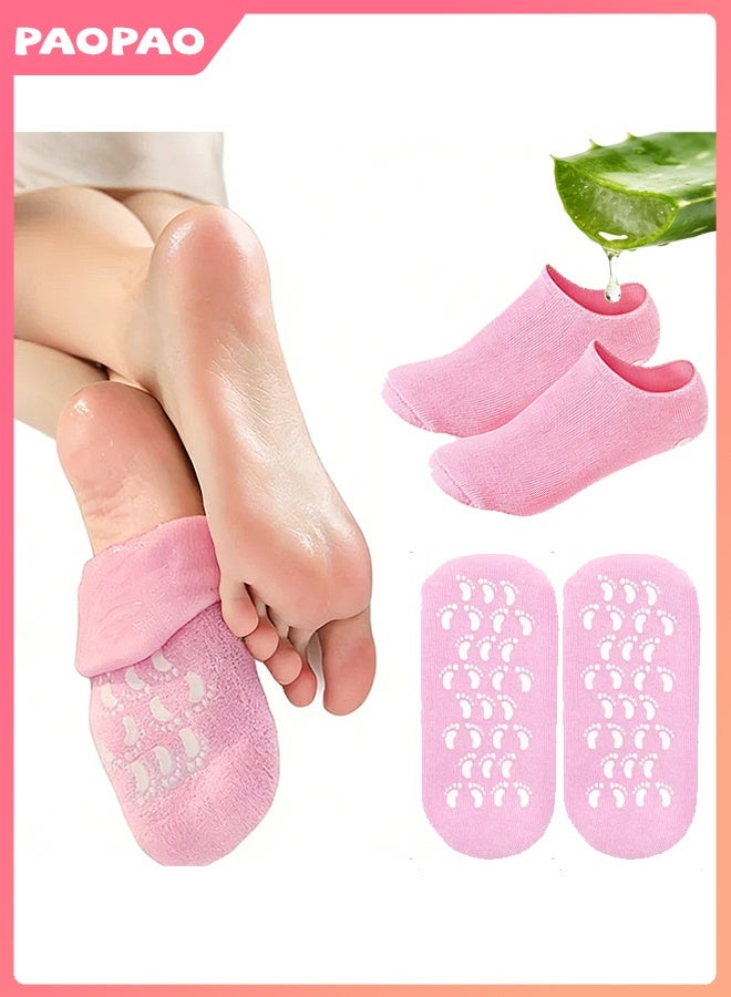 Hodaf 1 Pairs Moisturizing Silicone Gel Socks - Moisturizing Socks - Aloe-Infused Gel - for Cracked Heels & Dry Feet | Reusable Silicone Lined Heel Socks - for Home Use - Say Goodbye to Dry Cracked Feet - with Vitamin E & Essential Oils - Pink - Image 1